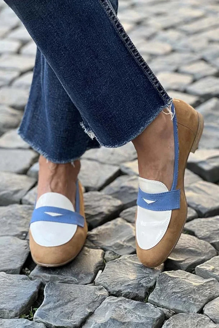 Mocassins Color Block Camelo, Branco e Azul-Claro