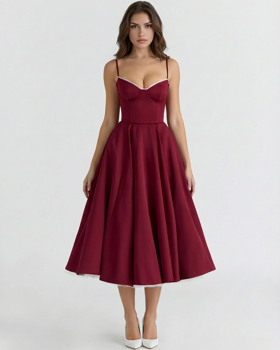 Vestido midi com corpete e saia ampla