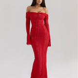 Vestido longo de renda com decote bardot