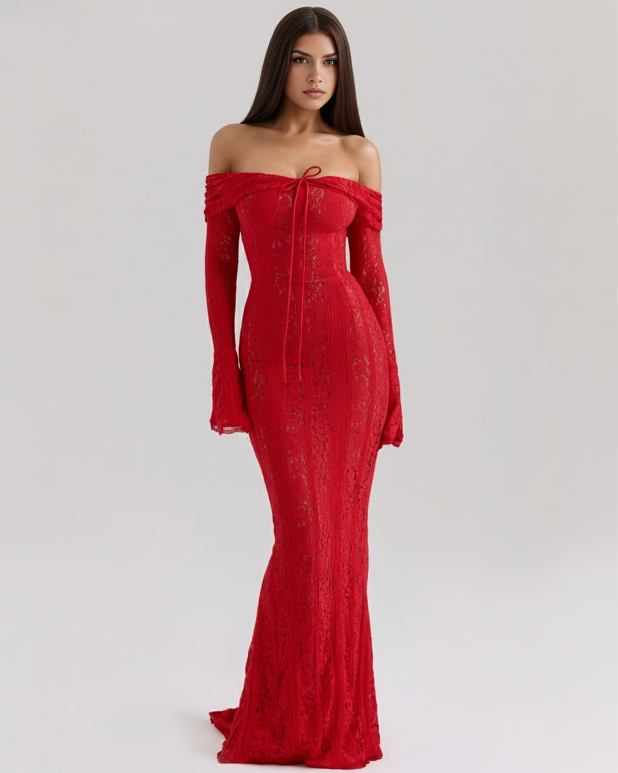 Vestido longo de renda com decote bardot