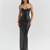 Vestido longo efeito pele com decote tomara que caia