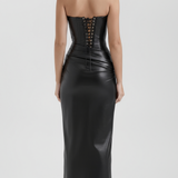 Vestido longo efeito pele com decote tomara que caia