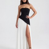 Vestido longo tomara que caia com abertura