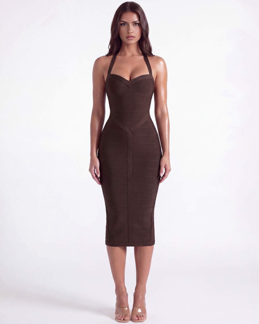 Vestido midi bandagem com decote halter
