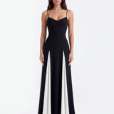 Vestido longo com alças finas e painéis contrastantes