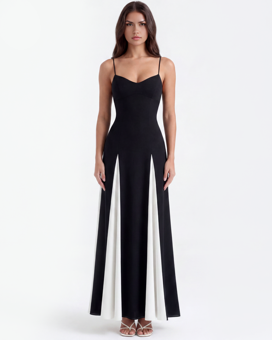 Vestido longo com alças finas e painéis contrastantes