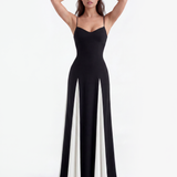 Vestido longo com alças finas e painéis contrastantes
