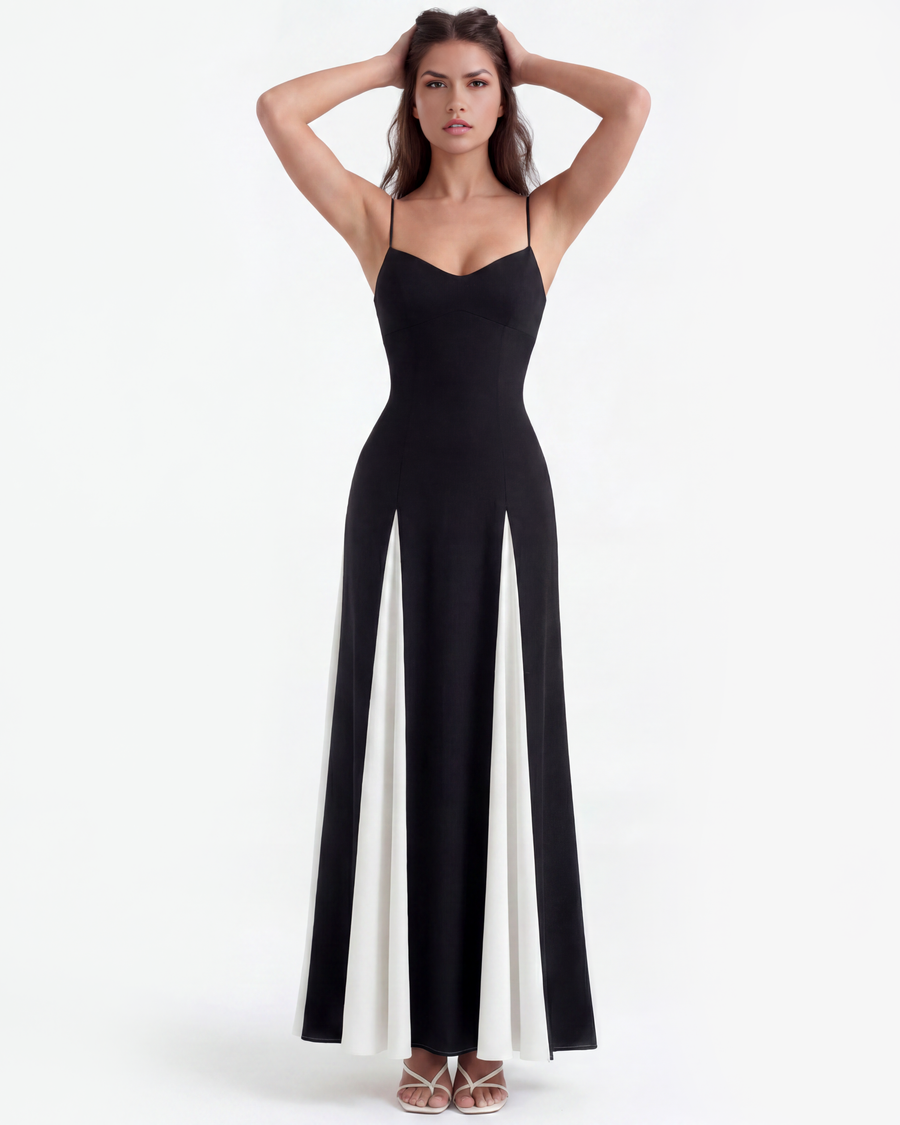 Vestido longo com alças finas e painéis contrastantes