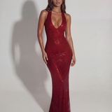 Vestido longo brilhante com decote halter