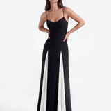 Vestido longo com alças finas e painéis contrastantes