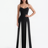 Vestido longo com alças finas e painéis contrastantes