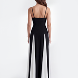 Vestido longo com alças finas e painéis contrastantes