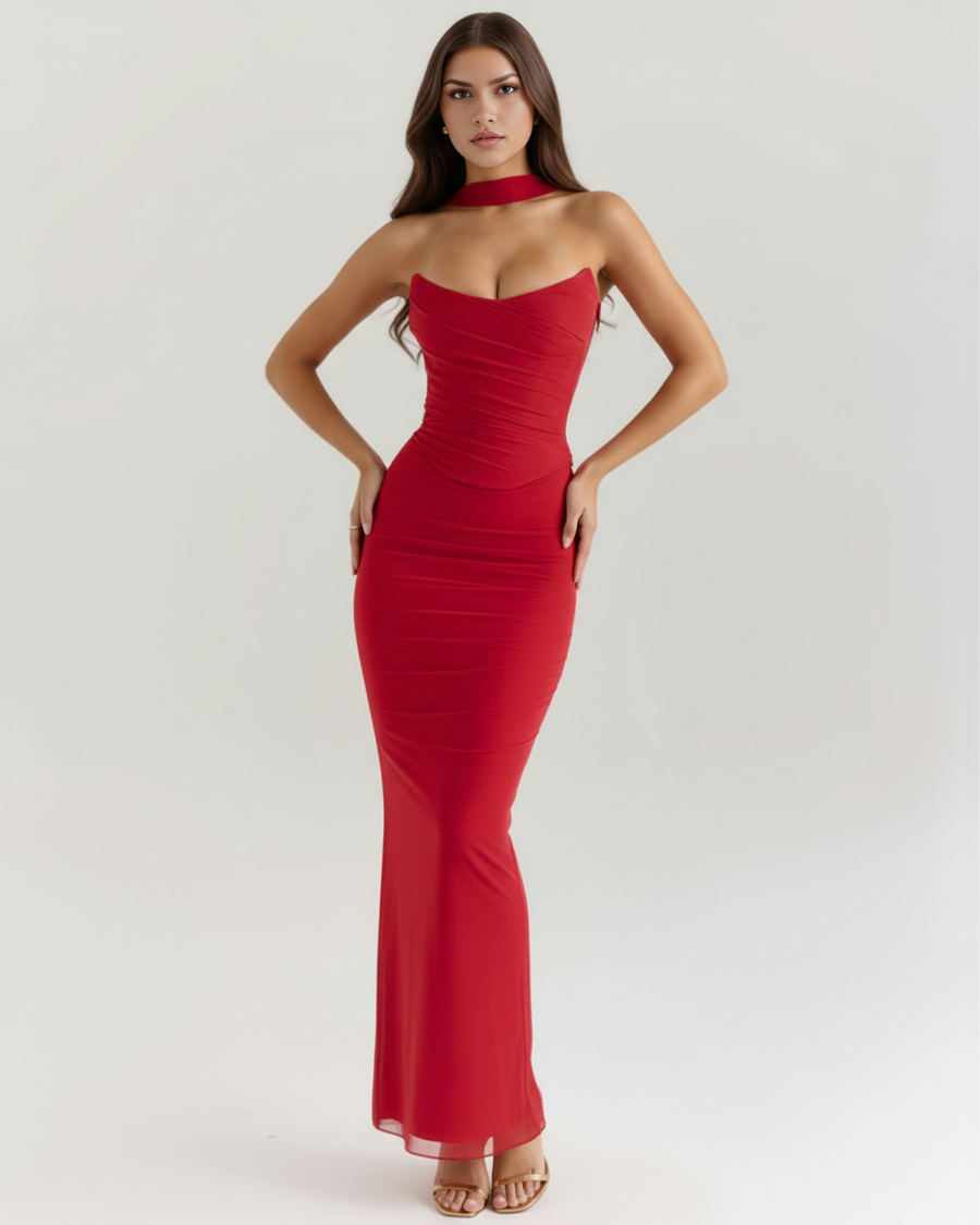 Vestido longo justo com colarinho choker