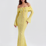 Vestido longo de renda com decote bardot