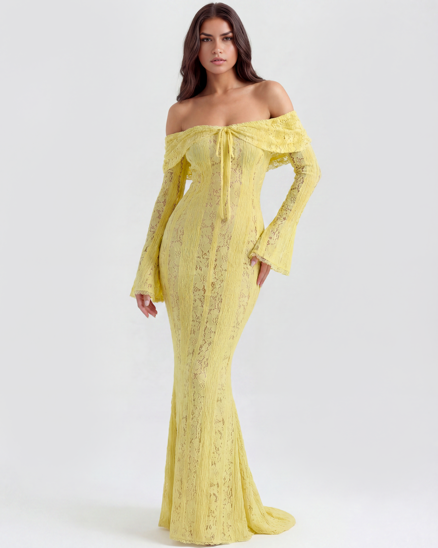 Vestido longo de renda com decote bardot