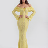 Vestido longo de renda com decote bardot