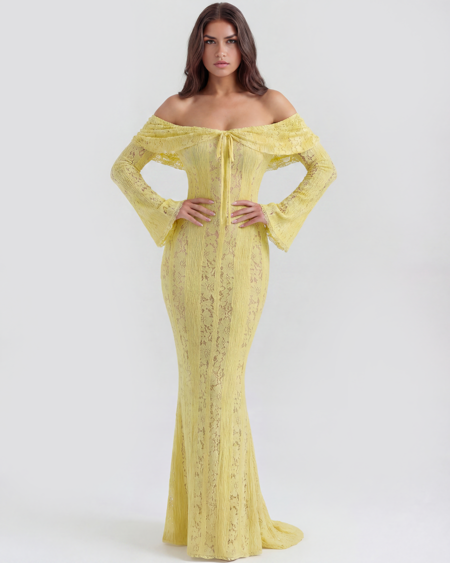 Vestido longo de renda com decote bardot