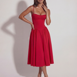 Vestido midi com corpete e saia fluida