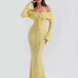 Vestido longo de renda com decote bardot