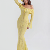Vestido longo de renda com decote bardot