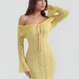 Vestido longo de renda com decote bardot