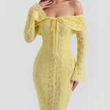 Vestido longo de renda com decote bardot