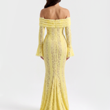 Vestido longo de renda com decote bardot