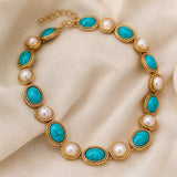 Conjunto Turquesa e Pérola Dourado Antigo
