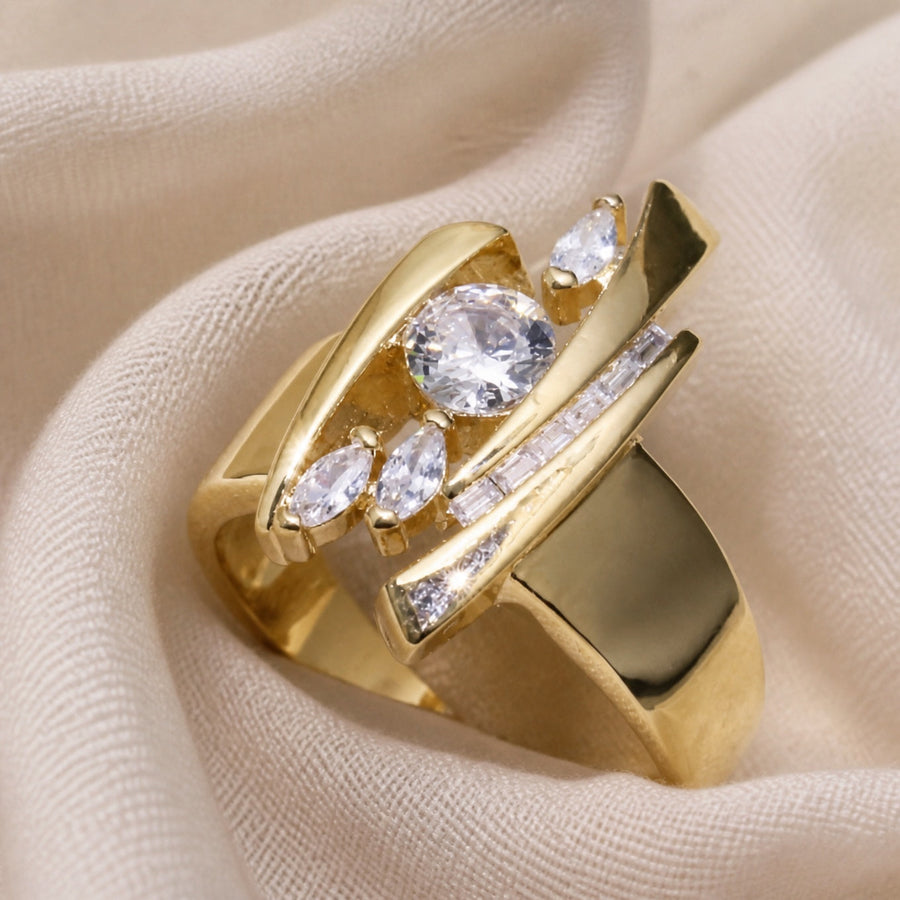 Anel Zircónias Bicolor Dourado e Prateado