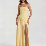 Vestido longo tomara que caia com abertura