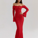 Vestido longo de renda com decote bardot
