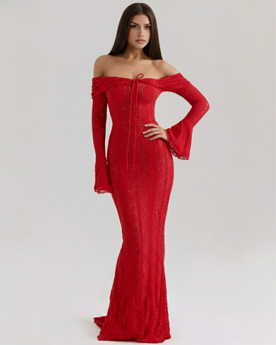 Vestido longo de renda com decote bardot