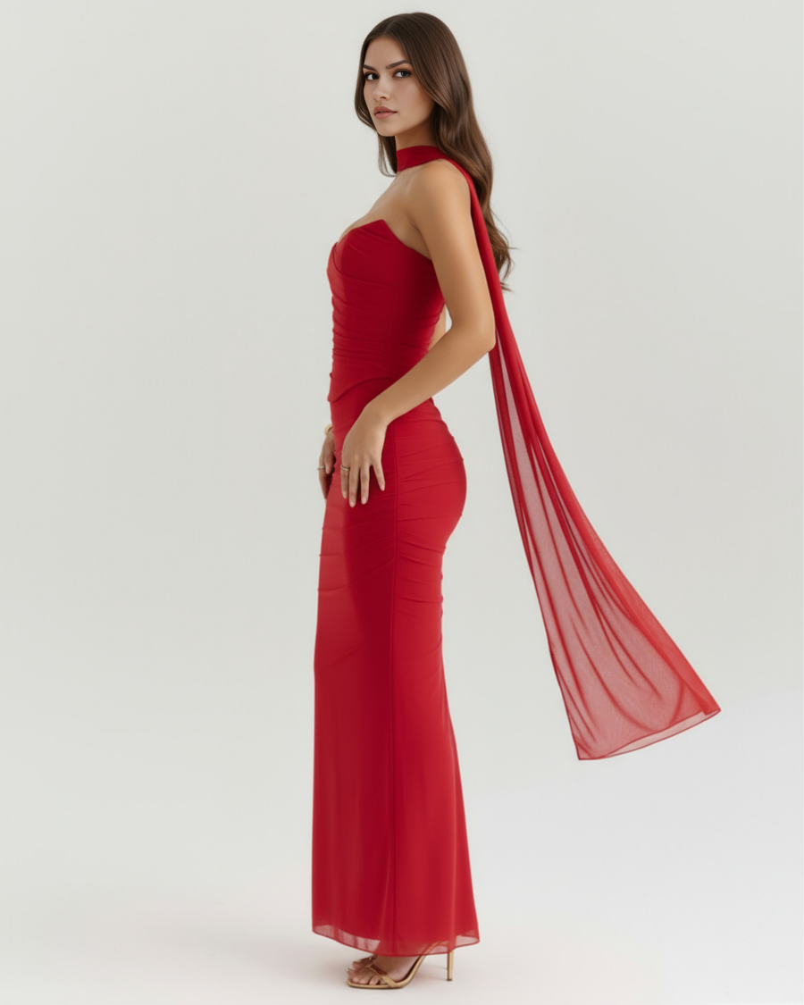 Vestido longo justo com colarinho choker
