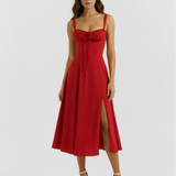 Vestido midi com corpete e abertura