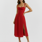 Vestido midi com corpete e abertura