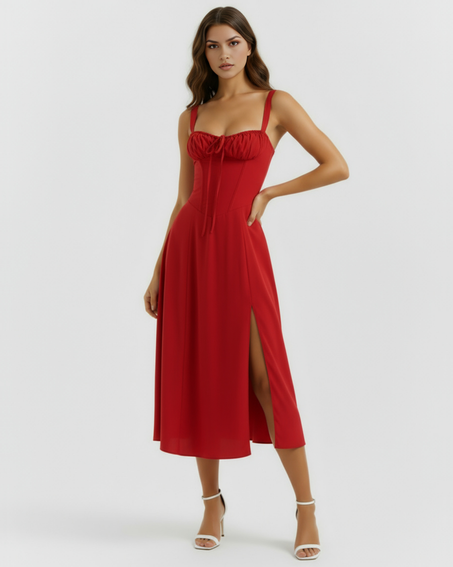 Vestido midi com corpete e abertura