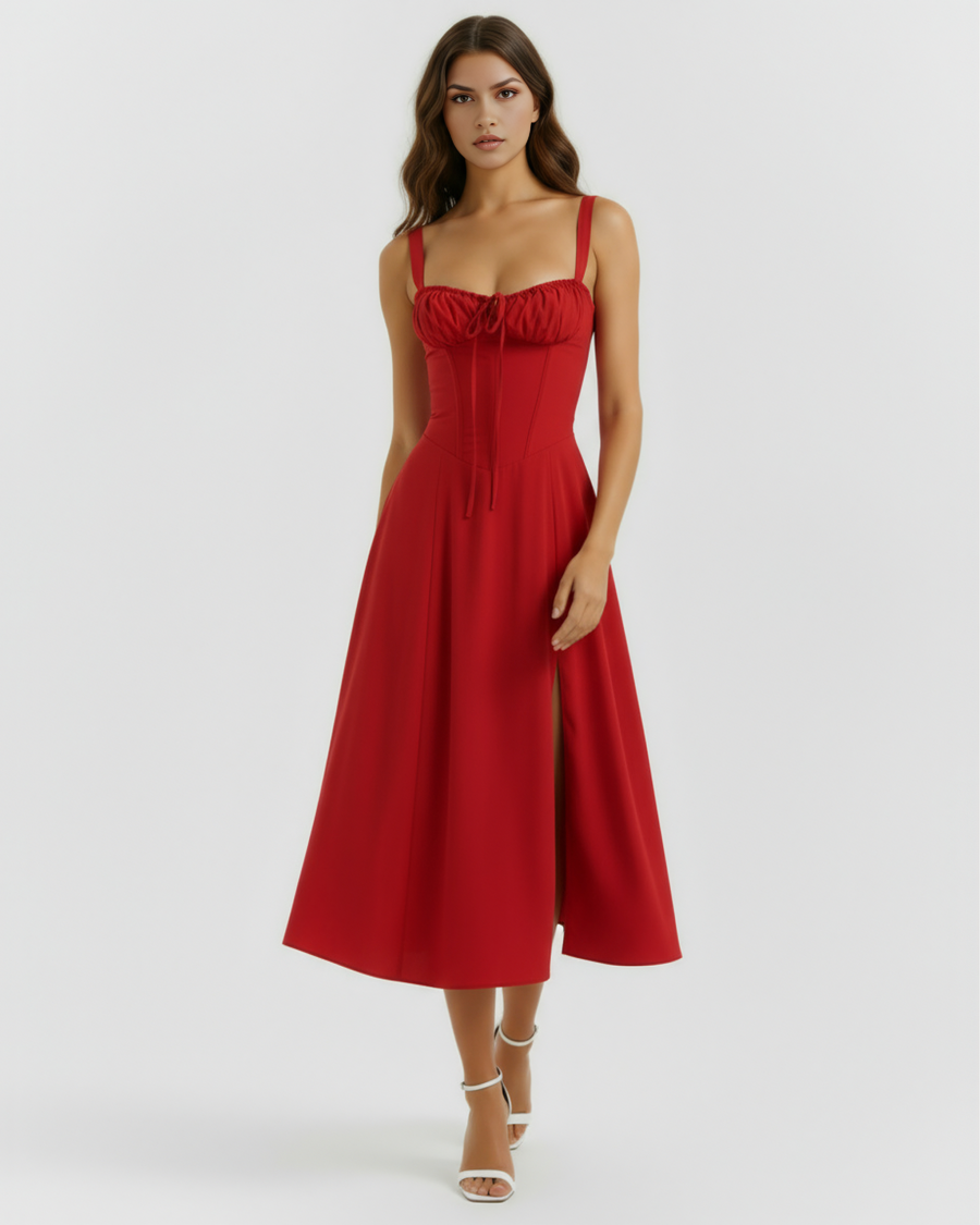 Vestido midi com corpete e abertura