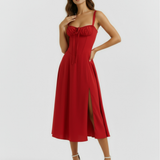 Vestido midi com corpete e abertura