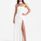 Vestido longo tomara que caia com abertura