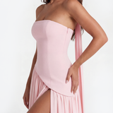Vestido longo tomara que caia com abertura