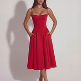 Vestido midi com corpete e saia fluida