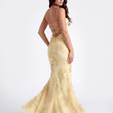Vestido longo com corpete floral bordado