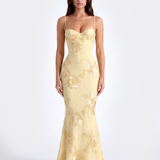 Vestido longo com corpete floral bordado