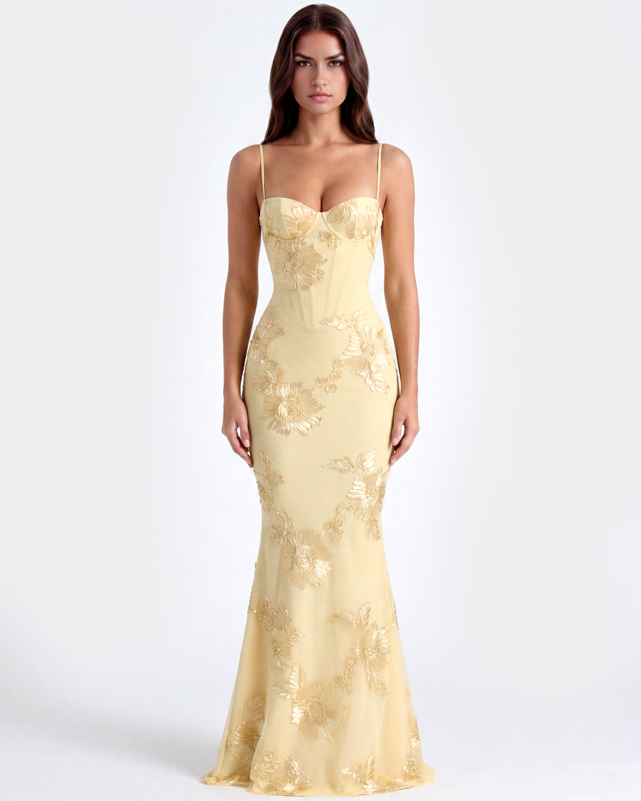 Vestido longo com corpete floral bordado