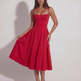 Vestido midi com corpete e saia fluida