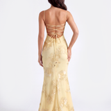 Vestido longo com corpete floral bordado