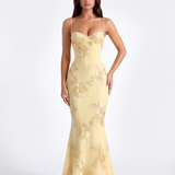 Vestido longo com corpete floral bordado