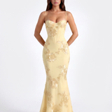 Vestido longo com corpete floral bordado