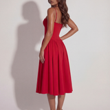 Vestido midi com corpete e saia fluida