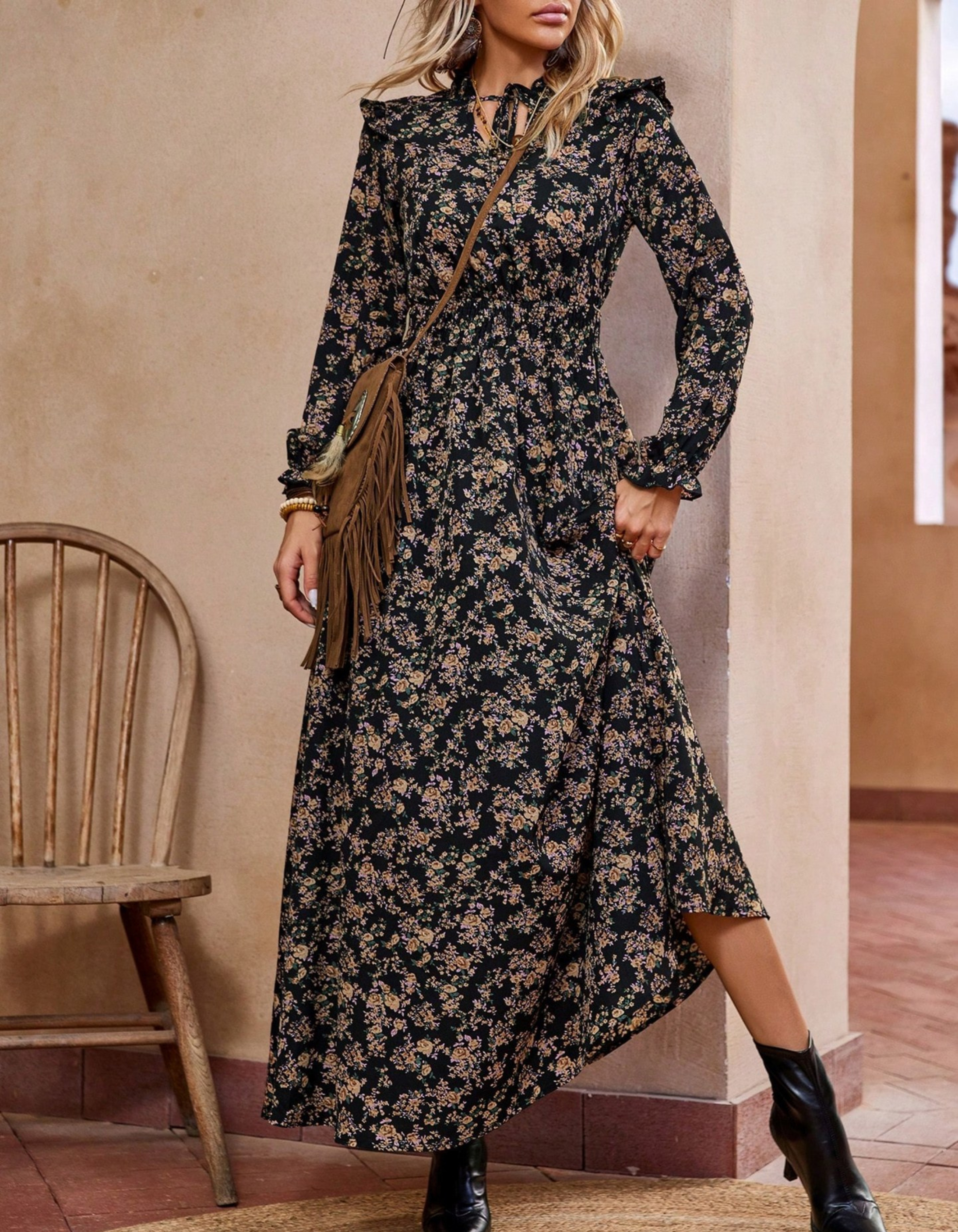Mara | Vestido Maxi Romântico de Manga Comprida